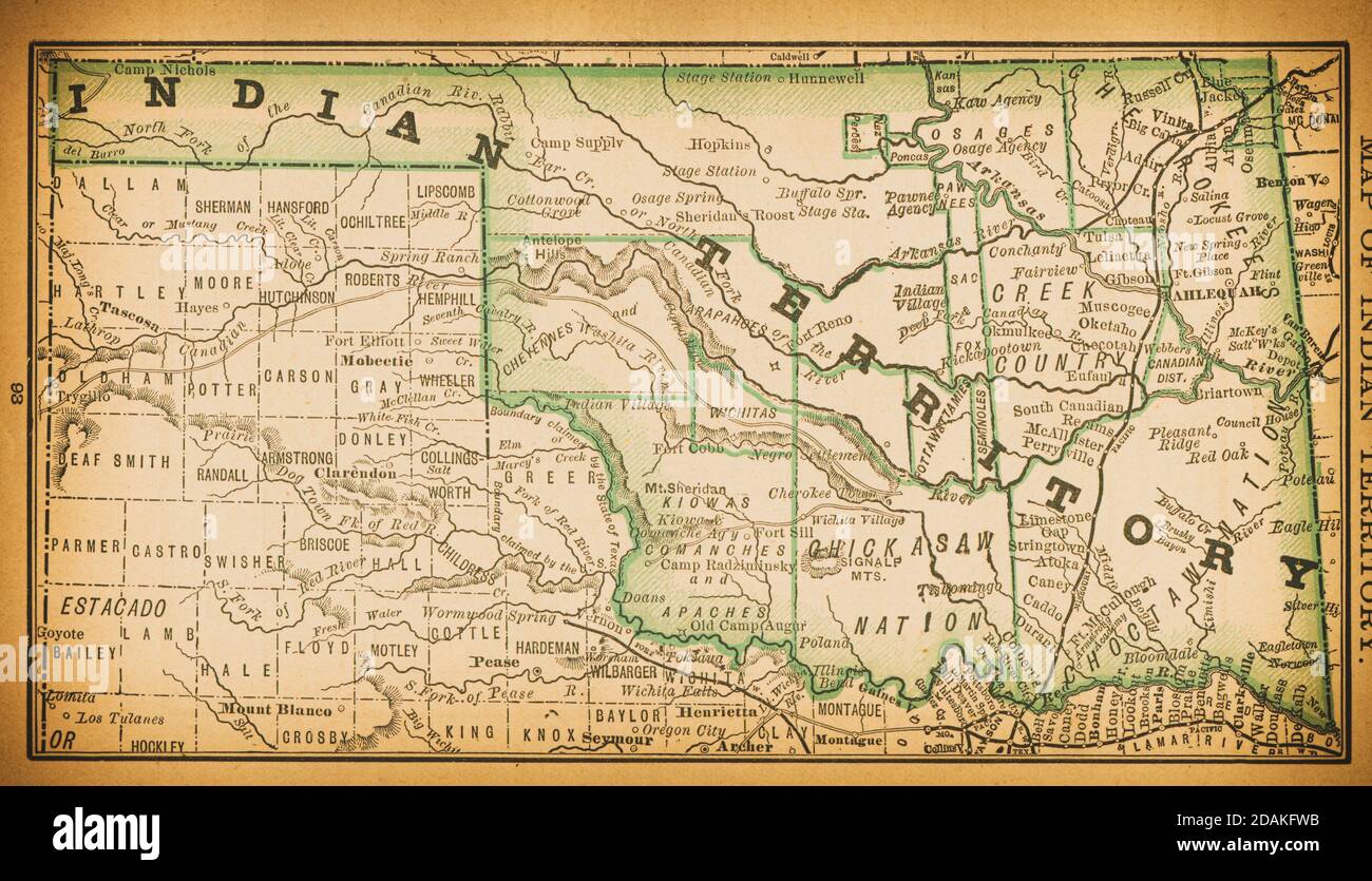 Karte des 19. Jahrhunderts des indischen Territoriums. Veröffentlicht im New Dollar Atlas of the United States and Dominion of Canada. (Rand McNally & Co's, Chicago, 1884). Stockfoto