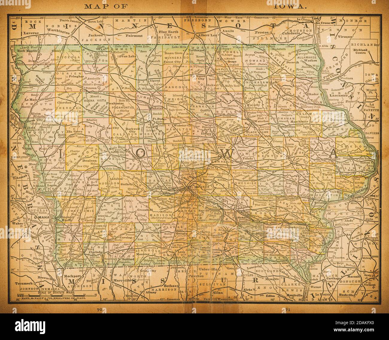 Karte von Iowa aus dem 19. Jahrhundert. Veröffentlicht im New Dollar Atlas of the United States and Dominion of Canada. (Rand McNally & Co's, Chicago, 1884). Stockfoto