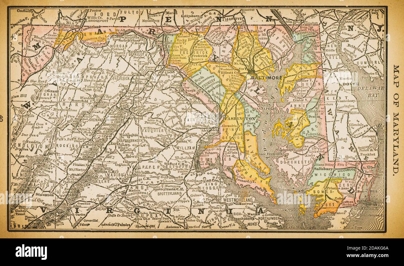 Karte von Maryland aus dem 19. Jahrhundert.Veröffentlicht in New Dollar Atlas of the United States and Dominion of Canada. (Rand McNally & Co's, Chicago, 1884). Stockfoto