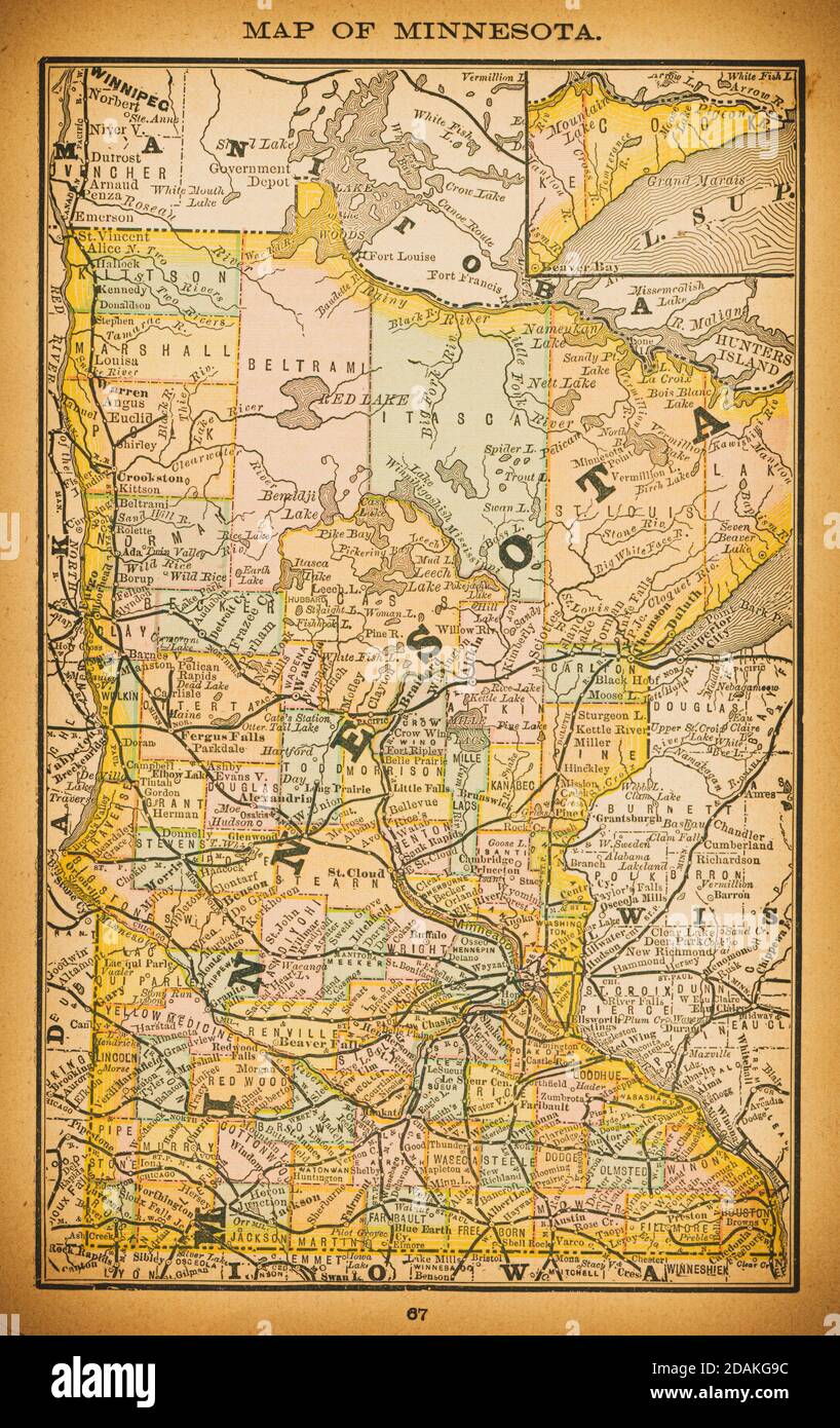 Karte von Minnesota aus dem 19. Jahrhundert. Veröffentlicht im New Dollar Atlas of the United States and Dominion of Canada. (Rand McNally & Co's, Chicago, 1884). Stockfoto