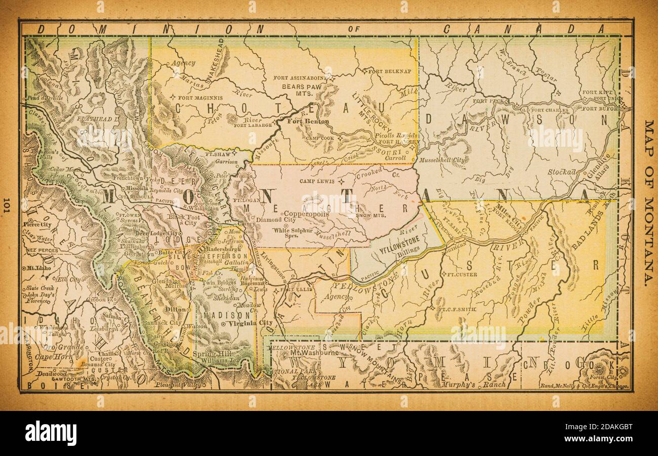 Karte von Montana aus dem 19. Jahrhundert. Veröffentlicht im New Dollar Atlas of the United States and Dominion of Canada. (Rand McNally & Co's, Chicago, 1884). Stockfoto