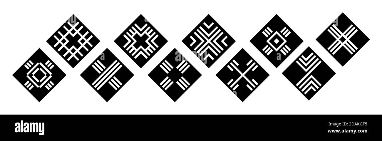 Set von Rauten mit verschiedenen Ornamenten. Geometrische Fliesen, isoliert auf weißem Hintergrund. Rhombus-Symbole, Schilder. Vektor-Monochrom-Illustration. Stock Vektor