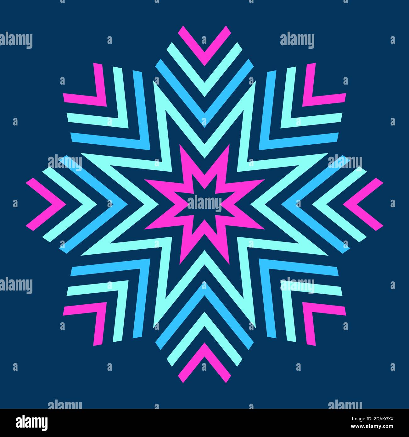 Abstraktes buntes symmetrisches Symbol auf dunklem Hintergrund isoliert. Stilisierte Blume mit gestreiften Blütenblättern. Logo. Designelement. Stern, Schneeflocke. Stock Vektor