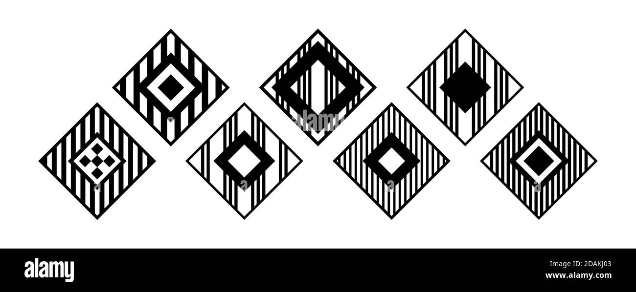 Set von Rauten mit verschiedenen Ornamenten. Geometrische Fliesen, isoliert auf weißem Hintergrund. Rhombus-Symbole, Schilder. Vektor-Monochrom-Illustration. Stock Vektor