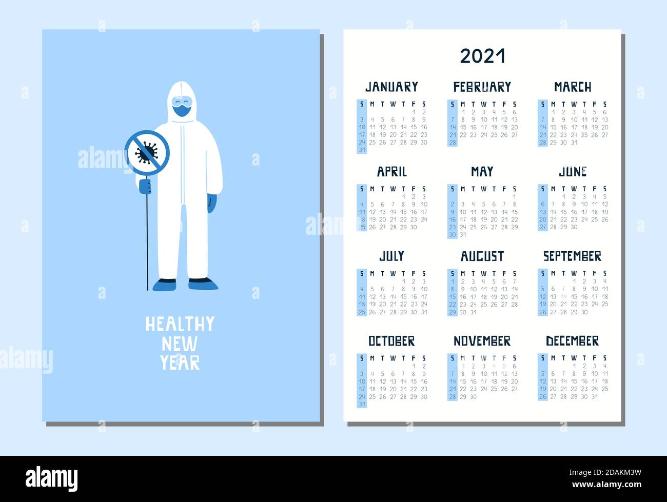 Frohes gesundes neues Jahr 2021. Kalender im A4-Format. Vektor-Illustration eines Arztes in weißem Hazmat Anzug und Maske. Vielen Dank an Ärzte und Krankenschwestern Stock Vektor