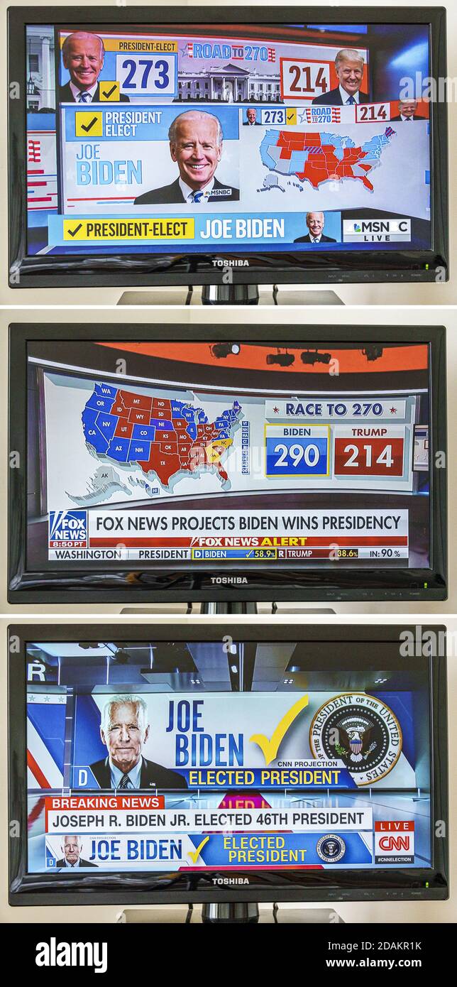 TV-Kabelfernsehen Bildschirm 2020 US-Präsidentschaftswahlergebnisse, Joe Biden Donald Trump wählt Volksabstimmung des Wahlkollegs, MSNBC CNN F Stockfoto