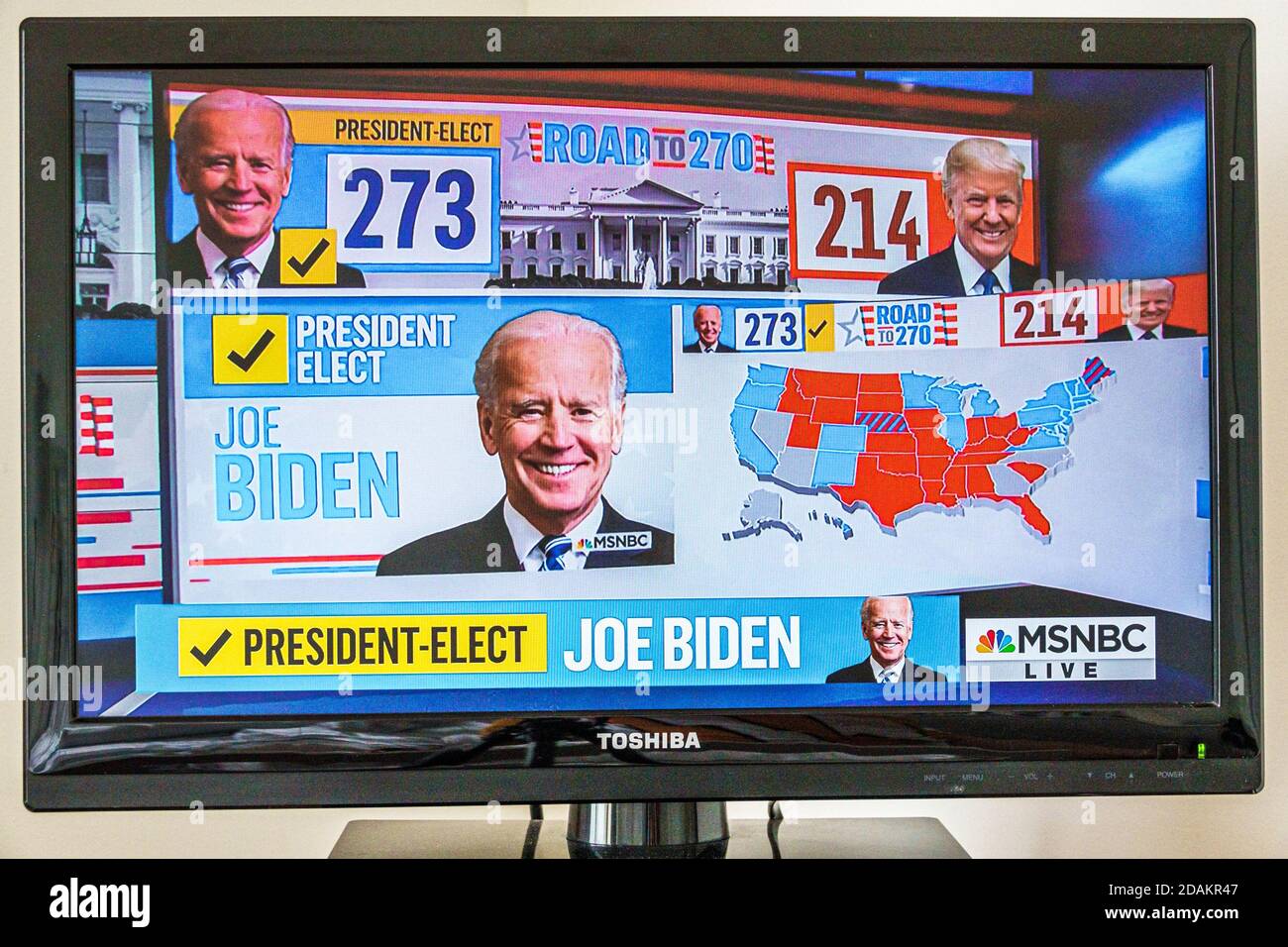 TV-Kabel-TV-Bildschirm Monitor 2020 US-Präsidentschaftswahlen Ergebnisse, Joe Biden Donald Trump wählt Wahlkolleg Volksabstimmung Anzahl, MSNBC-Projekt Stockfoto