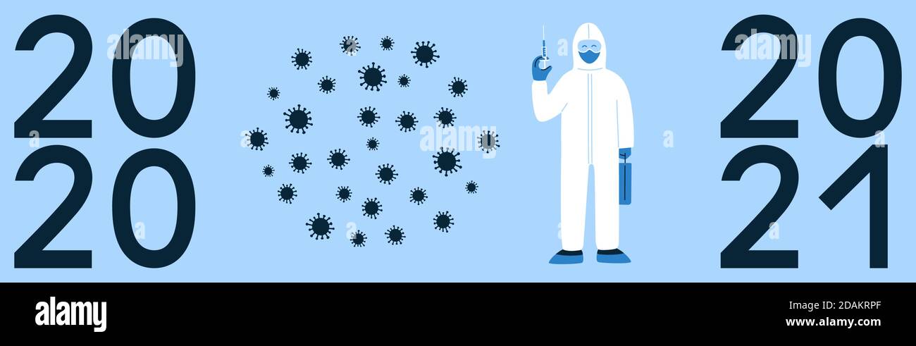 2021 Neujahrsbanner, Poster Design Konzept. Keine Infektion, Keime. Spezialist in weißen Hazmat Anzug, Maske. Arzt mit medizinischer Spritze. Impfstoff gegen Stock Vektor