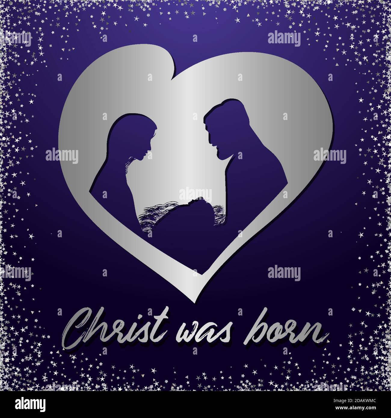 Weihnachtsszene des Jesuskindes in der Krippe mit Maria und Josef im Herzen. Christliche Geburt mit Schriftzug Zähneputzen Text Christus wurde geboren. Quadratisches Verbot Stock Vektor