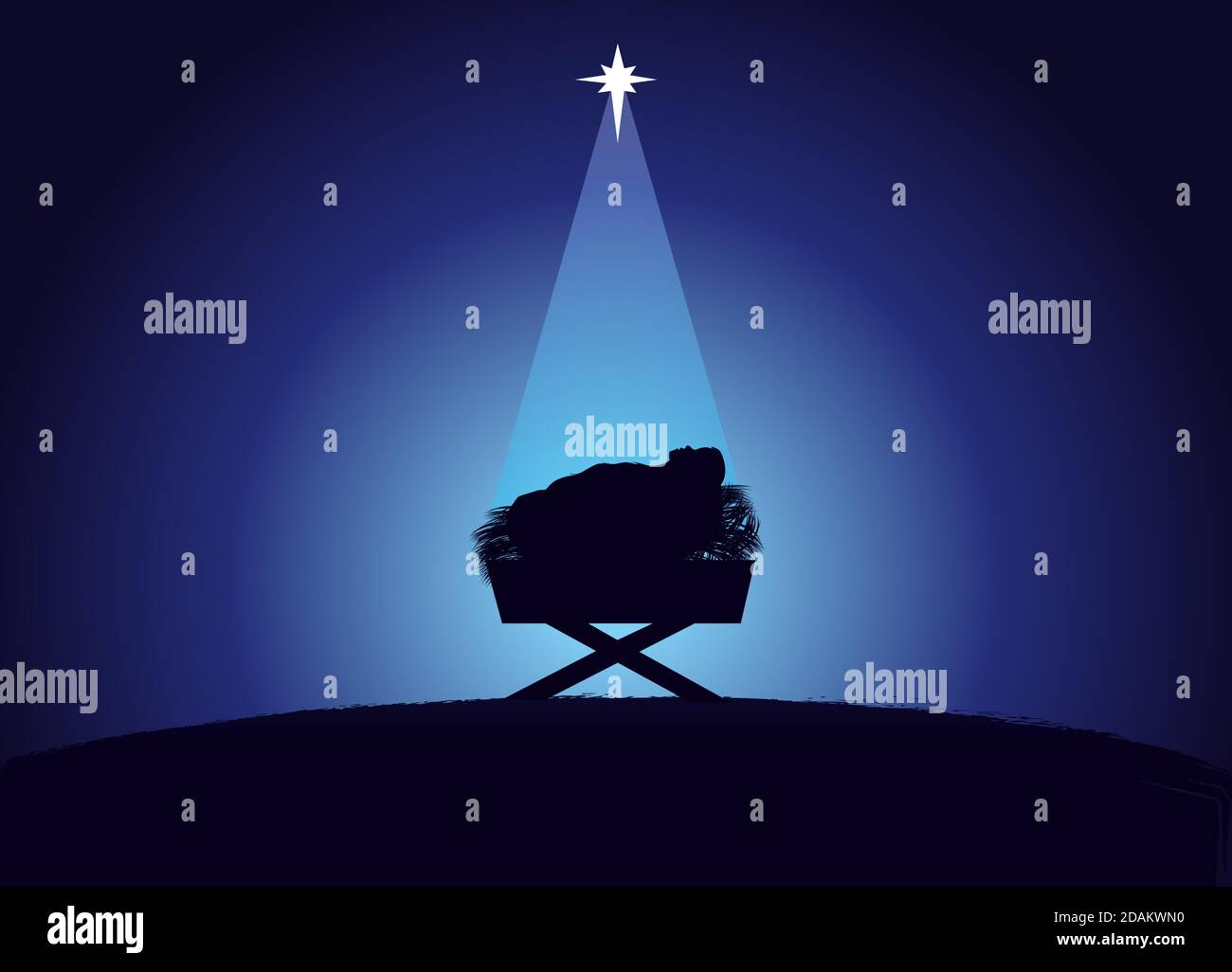 Weihnachtsszene von Baby Jesus in der Krippe in Silhouette, umgeben von Licht des Sterns. Christliche Geburt Grußkarte mit Illustration Geburt von CH Stock Vektor