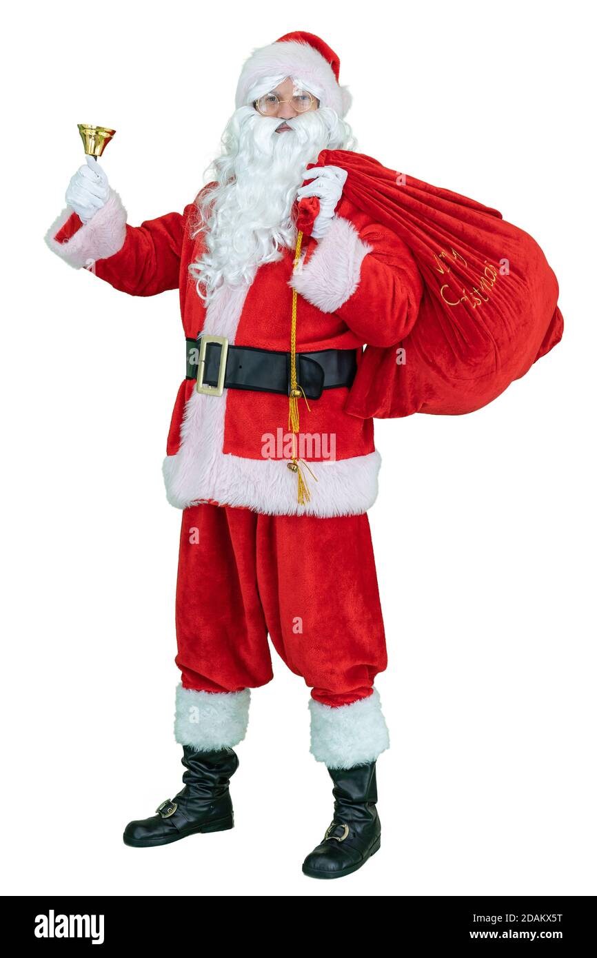 Weihnachtsmann mit Geschenken Sack und Ringe Glocke. Santa Claus hält Geschenke Tasche, Klingeln Glocke auf weißem Hintergrund. Weihnachten steht bevor Stockfoto