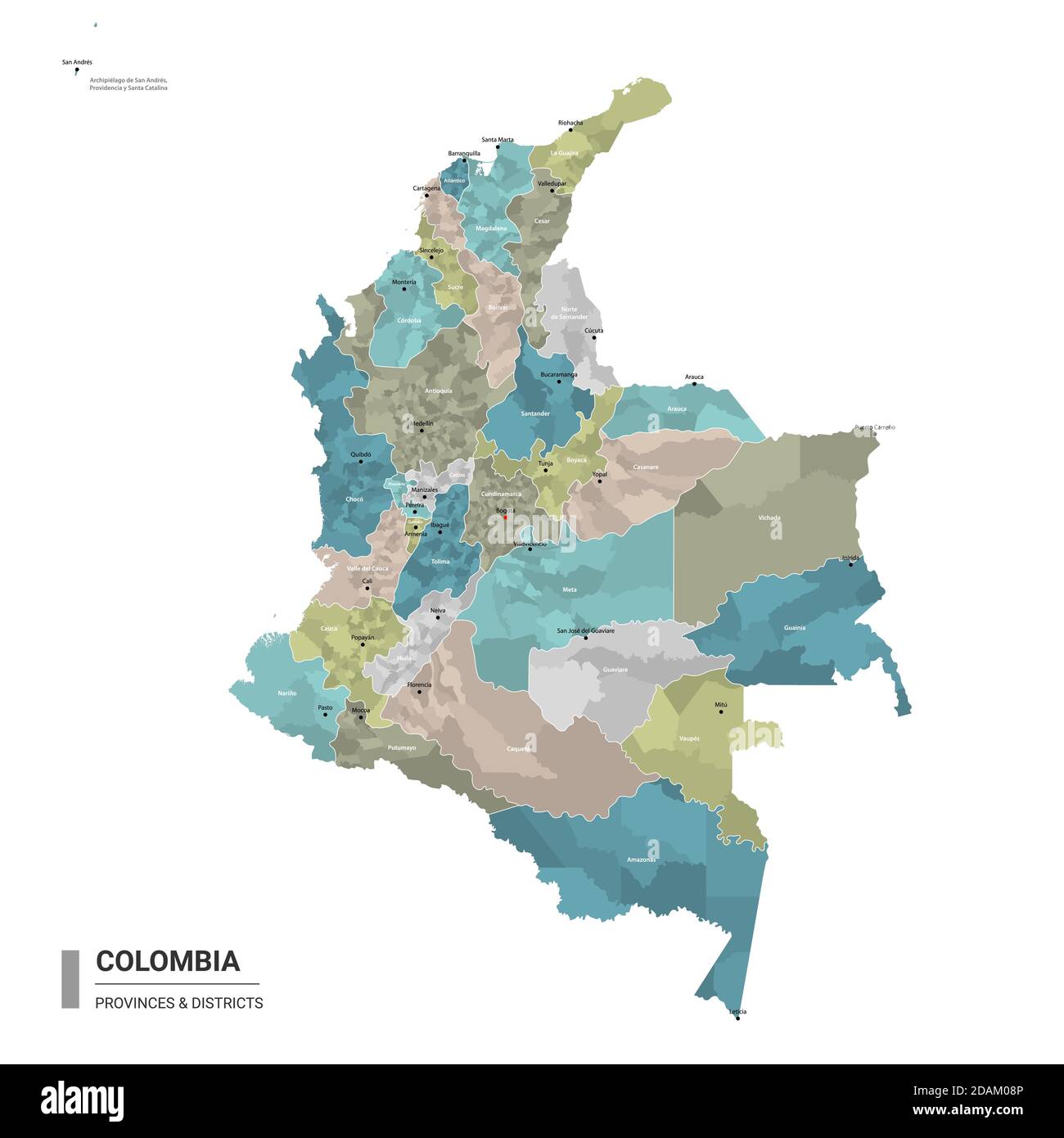 Kolumbien hat detaillierte Karte mit Unterteilungen. Verwaltungskarte von Kolumbien mit Bezirken und Städten Namen, farbig nach Bundesstaaten und administrative dist Stock Vektor