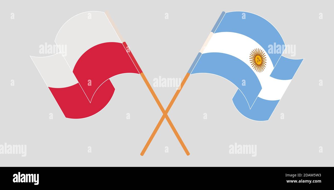 Gekreuzte und winkende Flaggen von Polen und Argentinien. Vektorgrafik Stock Vektor