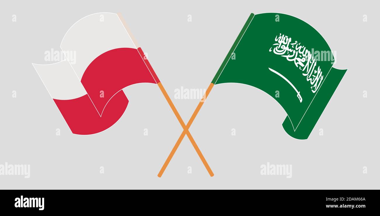 Gekreuzte und winkende Flaggen von Polen und dem Königreich Saudi-Arabien. Vektorgrafik Stock Vektor