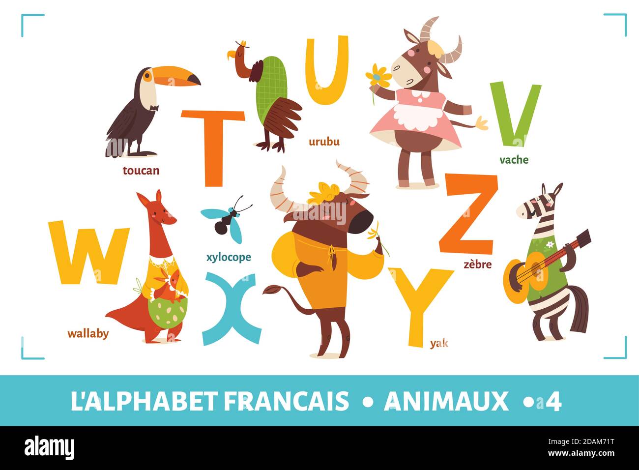 Französisches Alphabet Poster mit Cartoon-Tieren Stock Vektor