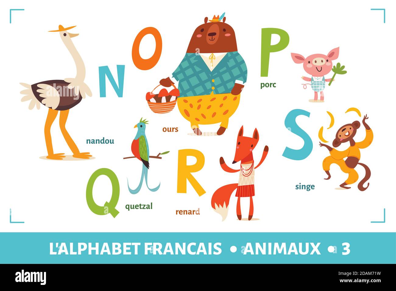 Französisches Alphabet Poster mit Cartoon-Tieren Stock Vektor