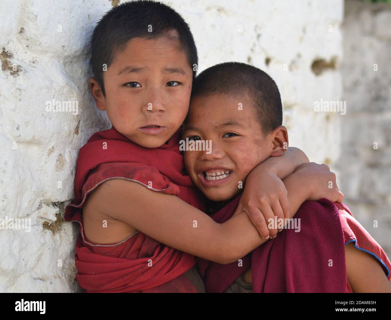 Zwei freche kleine tibetische buddhistische Knabenmönche umarmen sich gegenseitig und posieren für die Kamera im Tawang Kloster. Stockfoto