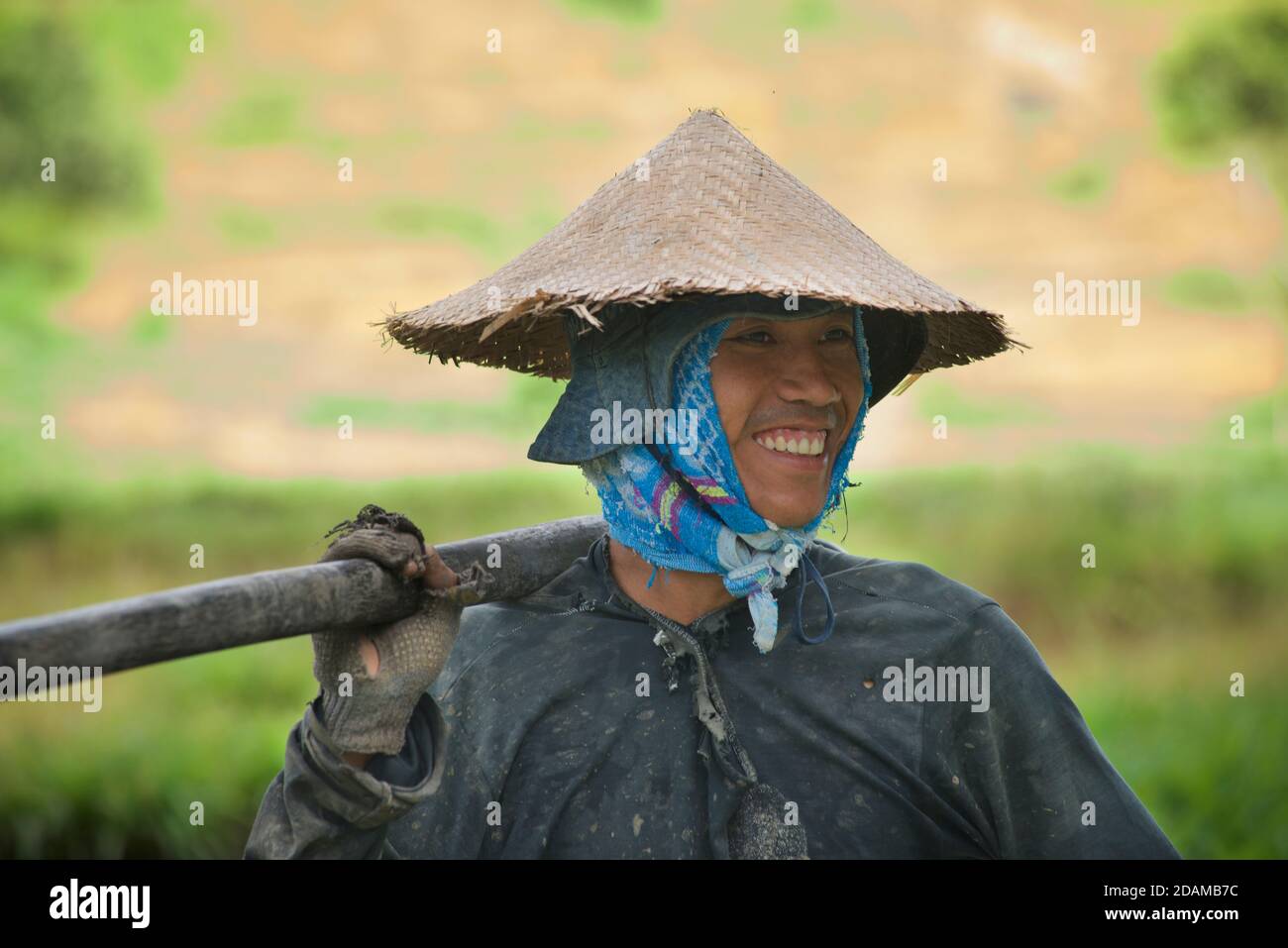 Balinesischer Mann, der in einem Reisfeld arbeitet, Bali. Ein Feld bebauen. Bali, Indonesien Stockfoto