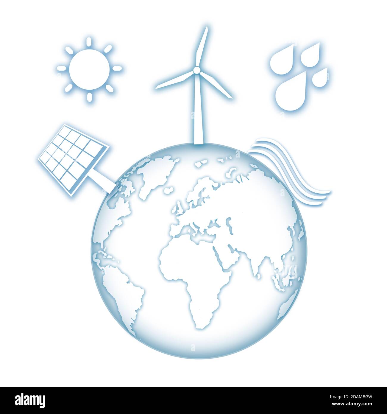 Erde mit erneuerbaren Energiequellen, Illustration. Stockfoto