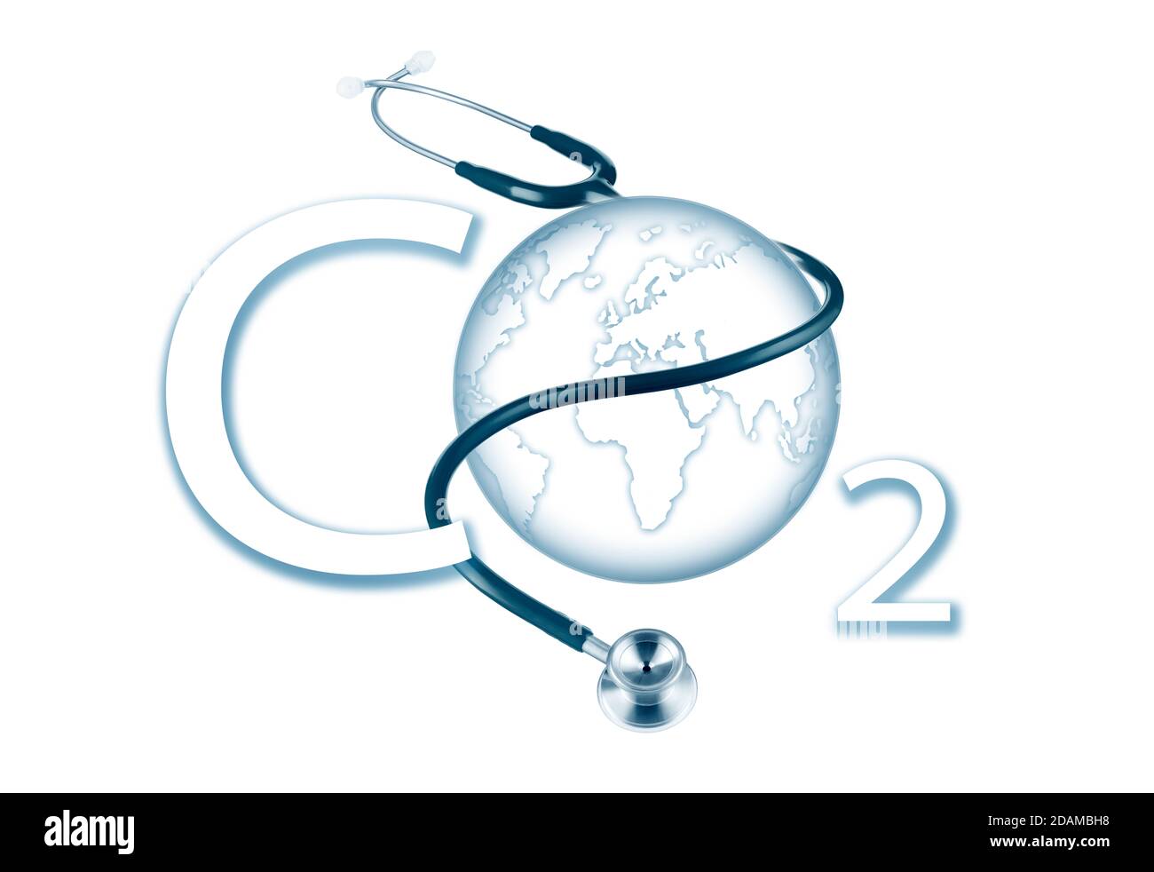 Kohlendioxid mit Erde und Stethoskop, Illustration. Stockfoto
