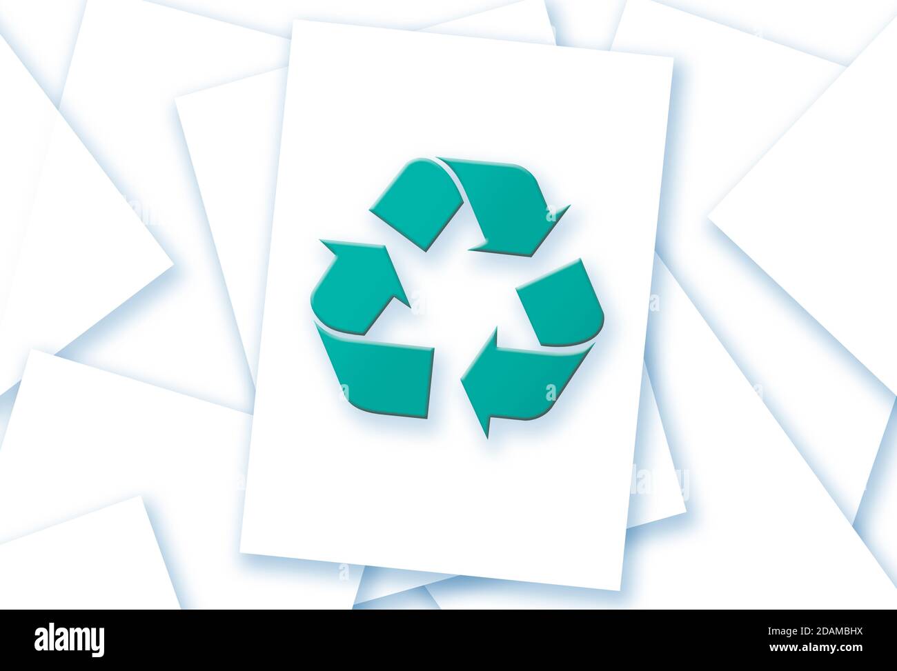 Blatt Papier mit Recycling-Symbol, Abbildung. Stockfoto