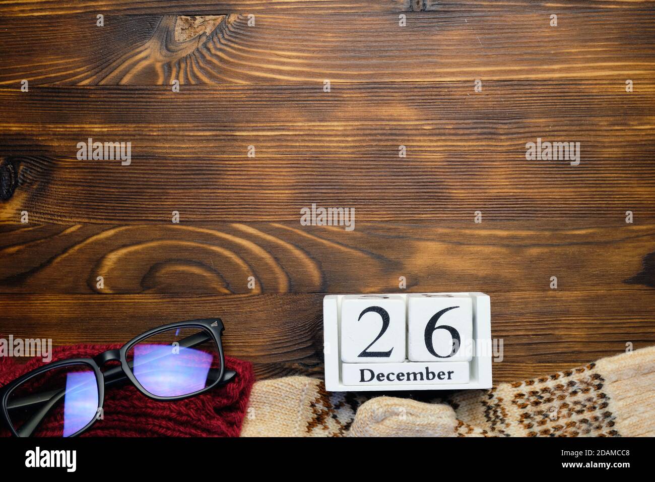 Sechsundzwanzigsten Tag des Wintermonatskalenders dezember mit Kopierraum. Stockfoto