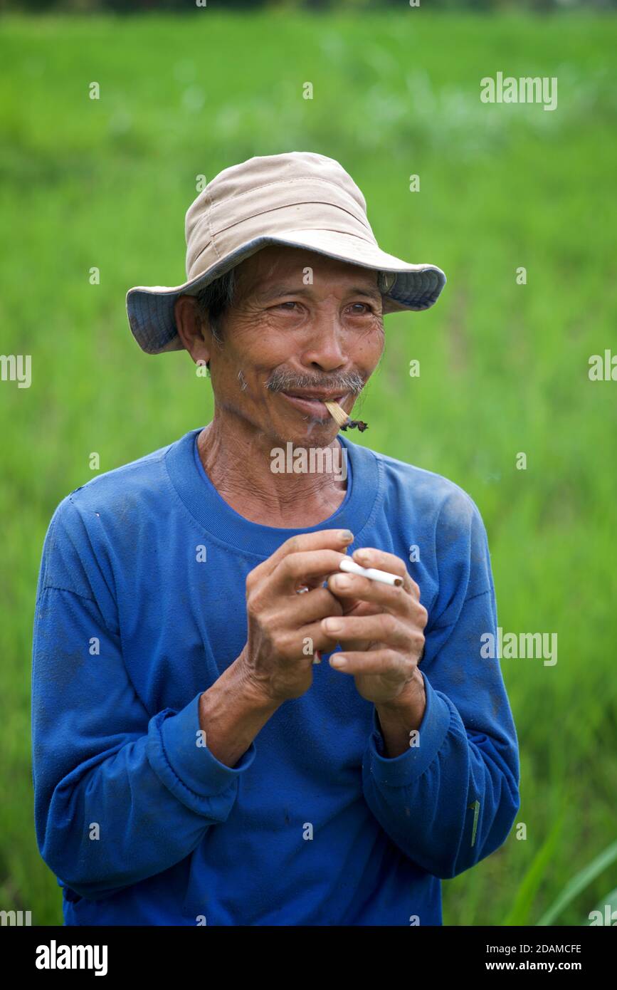 Indonesischer Mann, der eine Zigarette anzündet, Tetebatu, Lombok, Nusa Tenggara, Indonesien Stockfoto