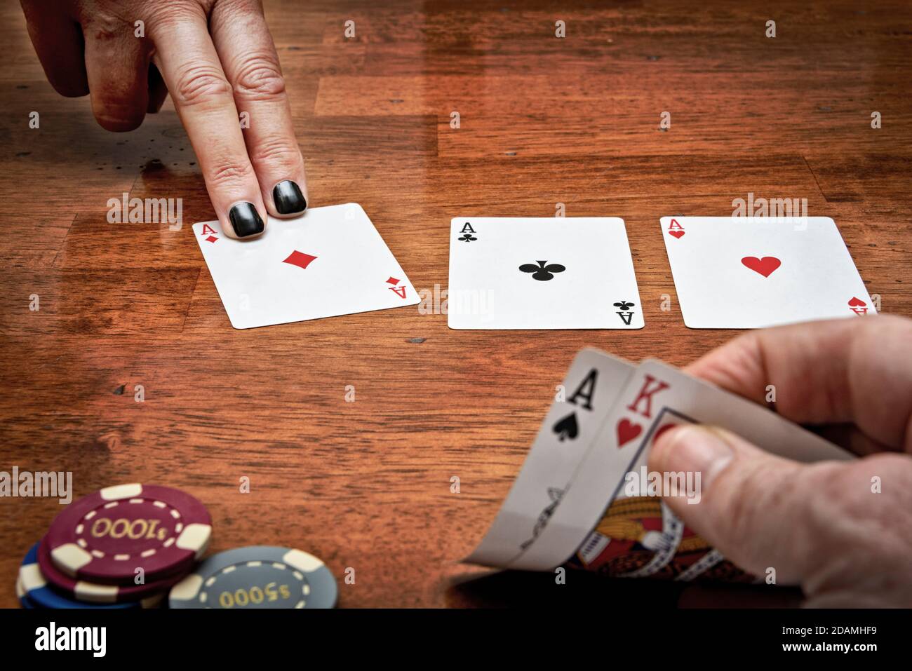 Texas Holdem, drei Asse auf dem Flop in texas Holdem, Ass und König in der Hand Stockfoto