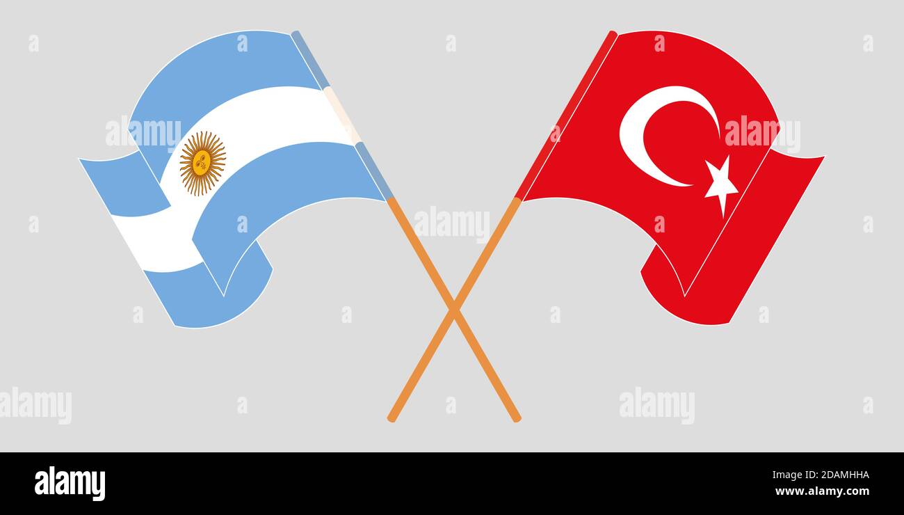 Gekreuzte und winkende Flaggen der Türkei und Argentiniens. Vektorgrafik Stock Vektor