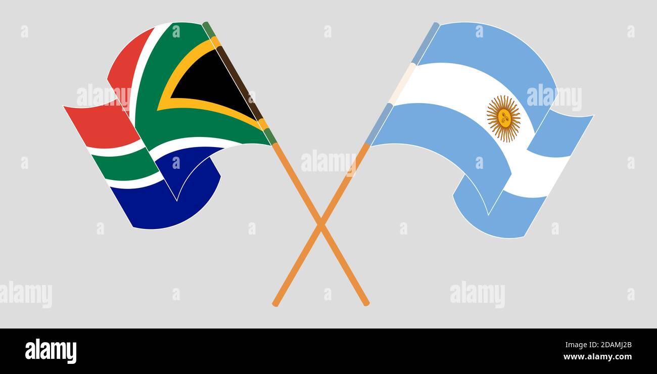 Gekreuzte und winkende Flaggen von RSA und Argentinien. Vektorgrafik Stock Vektor