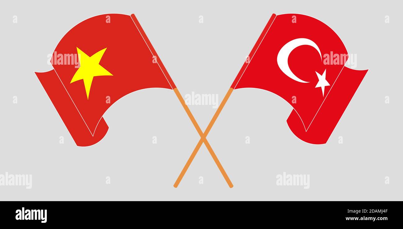 Gekreuzte und winkende Flaggen der Türkei und Vietnams. Vektorgrafik Stock Vektor
