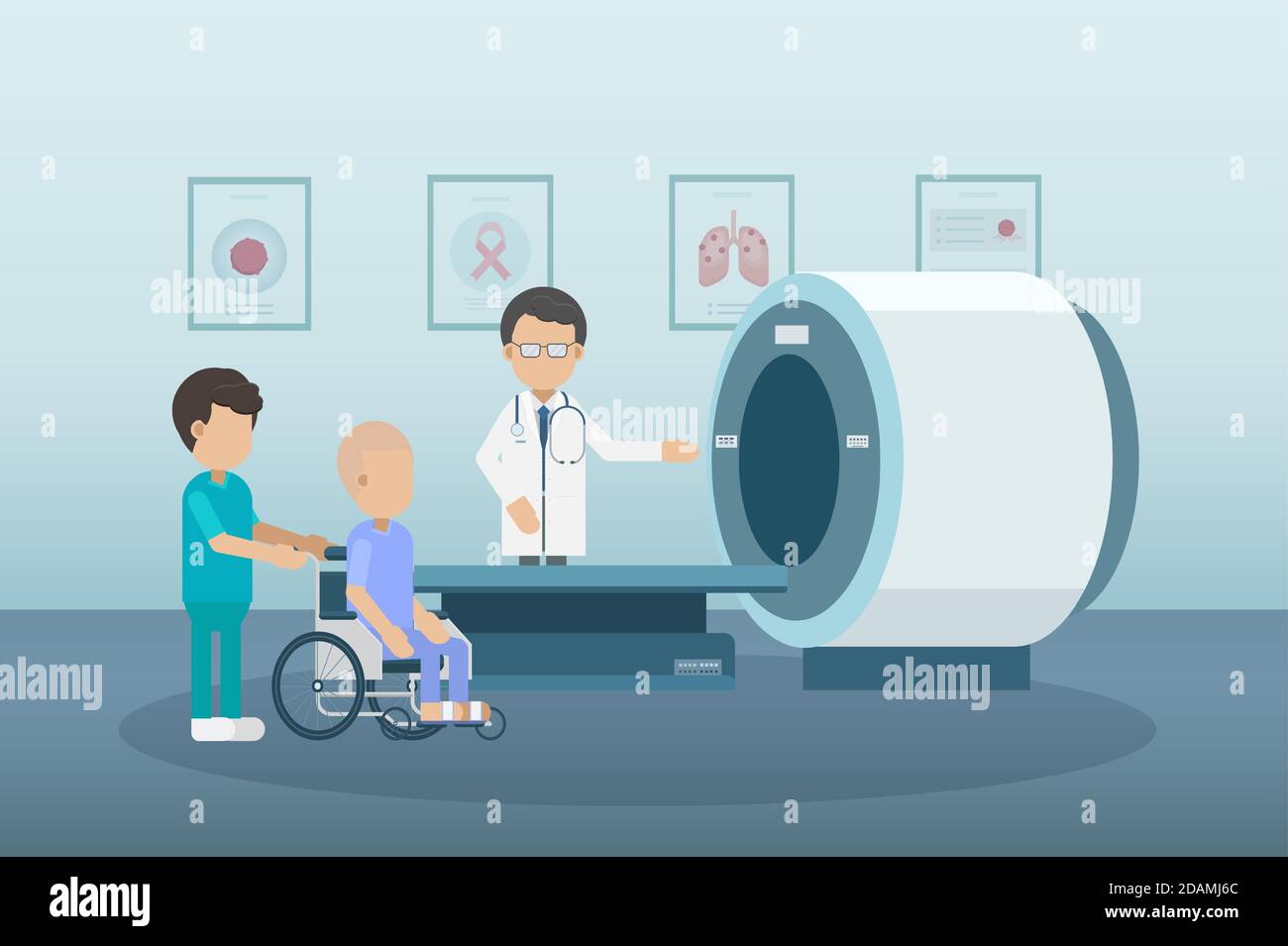 Arzt mit Krebspatient und CT-Scanner flach Design-Vektor Abbildung Stock Vektor