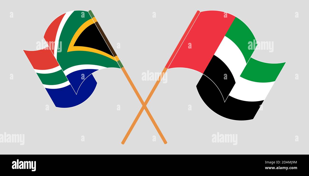 Gekreuzte und winkende Flaggen von RSA und den Vereinigten Arabischen Emiraten. Vektorgrafik Stock Vektor