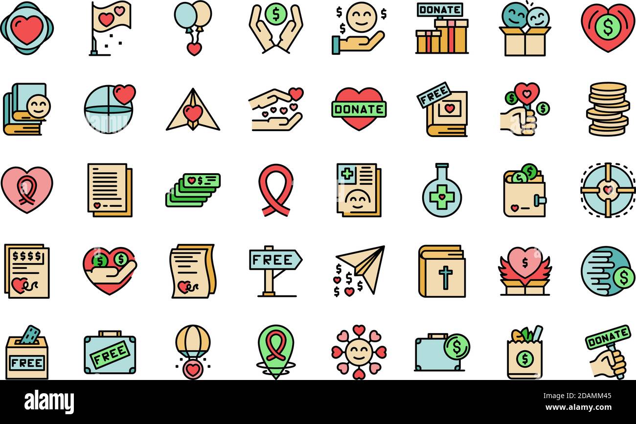 Symbole für wohltätige Spenden. Umriss Satz von karitativen geben Vektor-Symbole dünne Linie Farbe flach auf weiß Stock Vektor