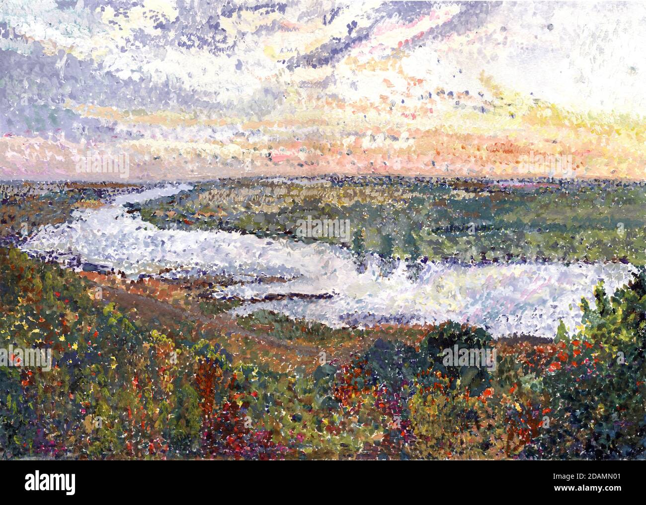 Fluss Landschaft Fluss Tom Russland Sibirien Gouache Malerei Pointillismus Ende Des Sommers Stockfoto