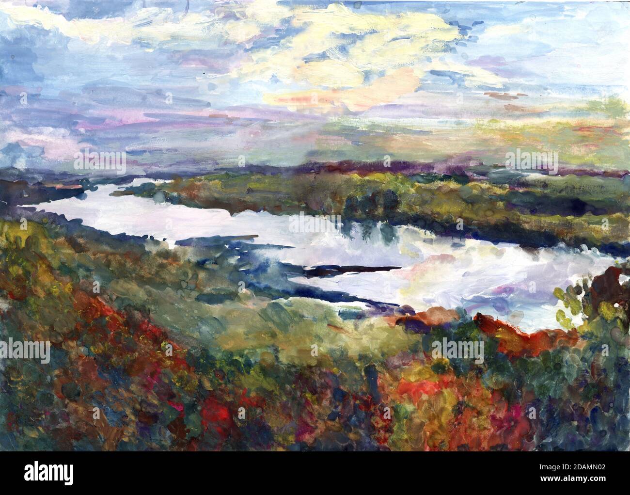 Fluss Landschaft Fluss Tom Russland Sibirien Gouache Malerei Sommer Sonnenuntergang Von Fingern hergestellt Stockfoto