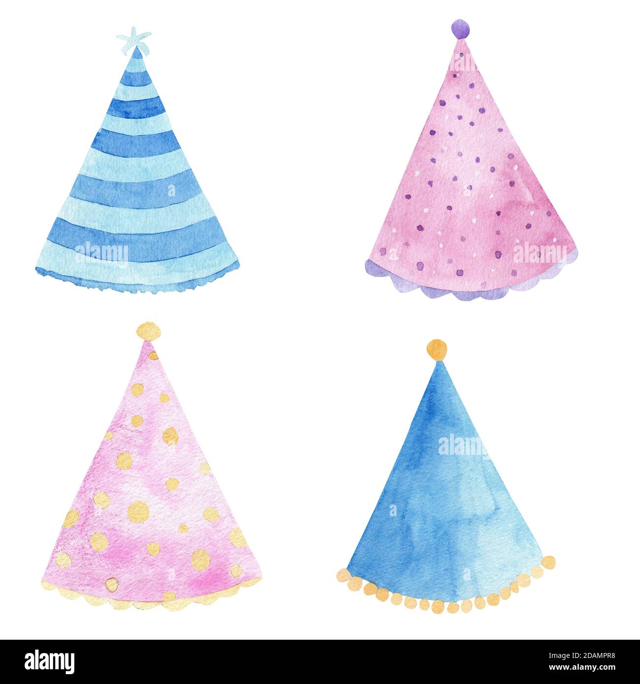 Party Hüte Aquarell Cliparts. Bedruckbare handbemalte Dekorationen für Party, Geburtstag, Baby-Dusche, Grußkarten, Einladungen, diy Stockfoto