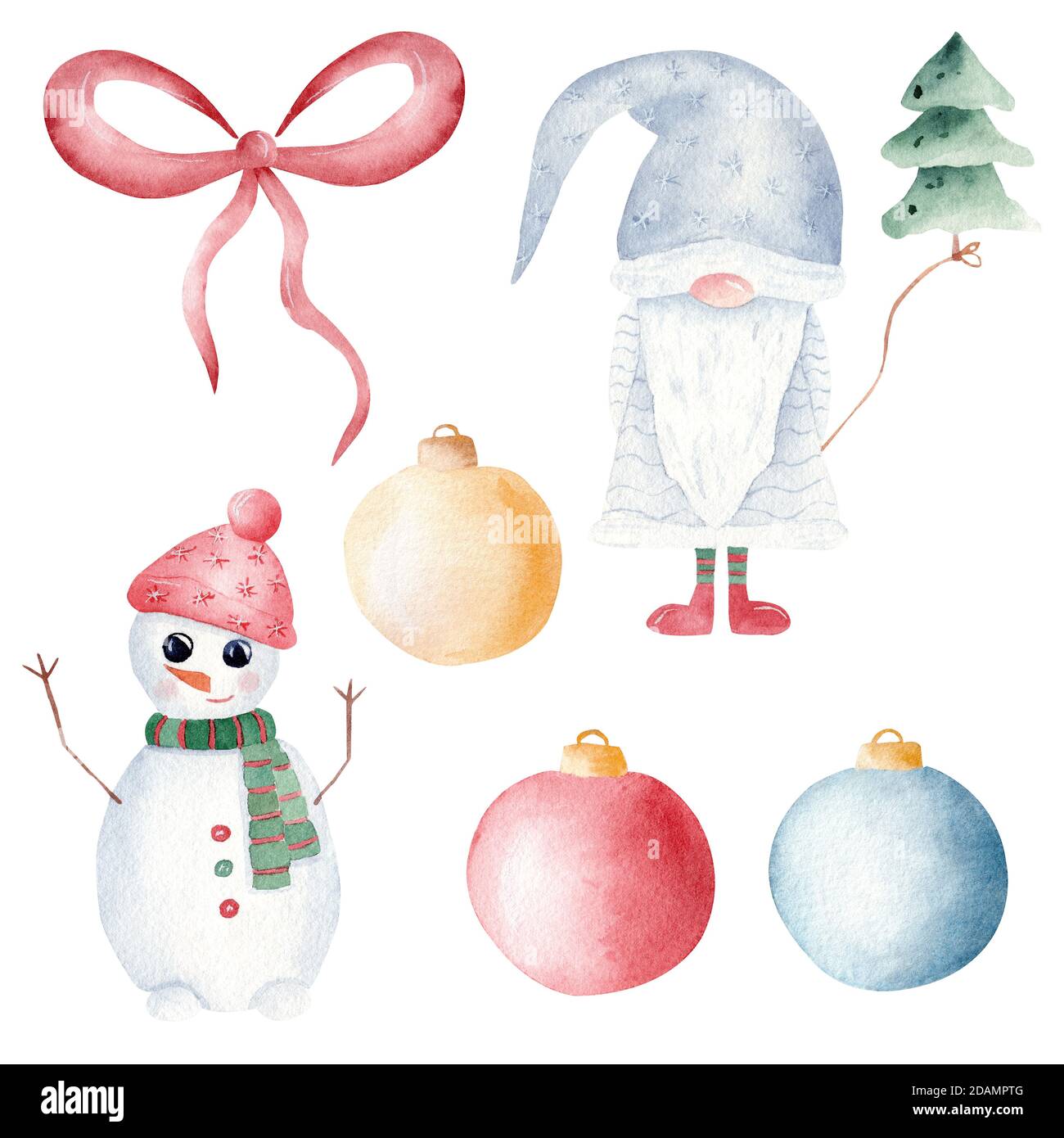 Weihnachtsgnome, Schneemann, Baum und Kugeln Aquarell Cliparts. Handbemalte Illustration. Bedruckbare Weihnachtsdekoration. Grafiken für Einladungen, Schilder, gr Stockfoto
