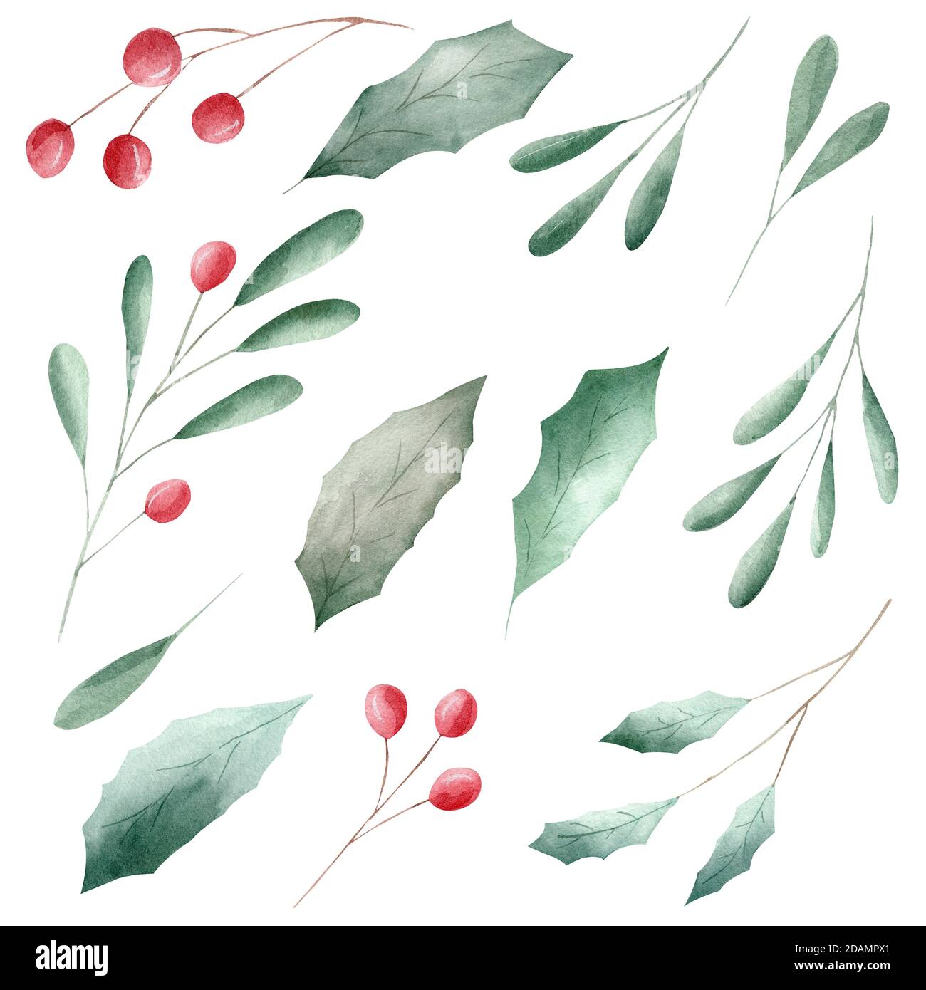 Rote Beeren und grüne Blätter Aquarell Cliparts isoliert auf weißem Hintergrund. Handbemalte Illustration für Einladungen, Grußkarten, Scrapbooking, Stockfoto