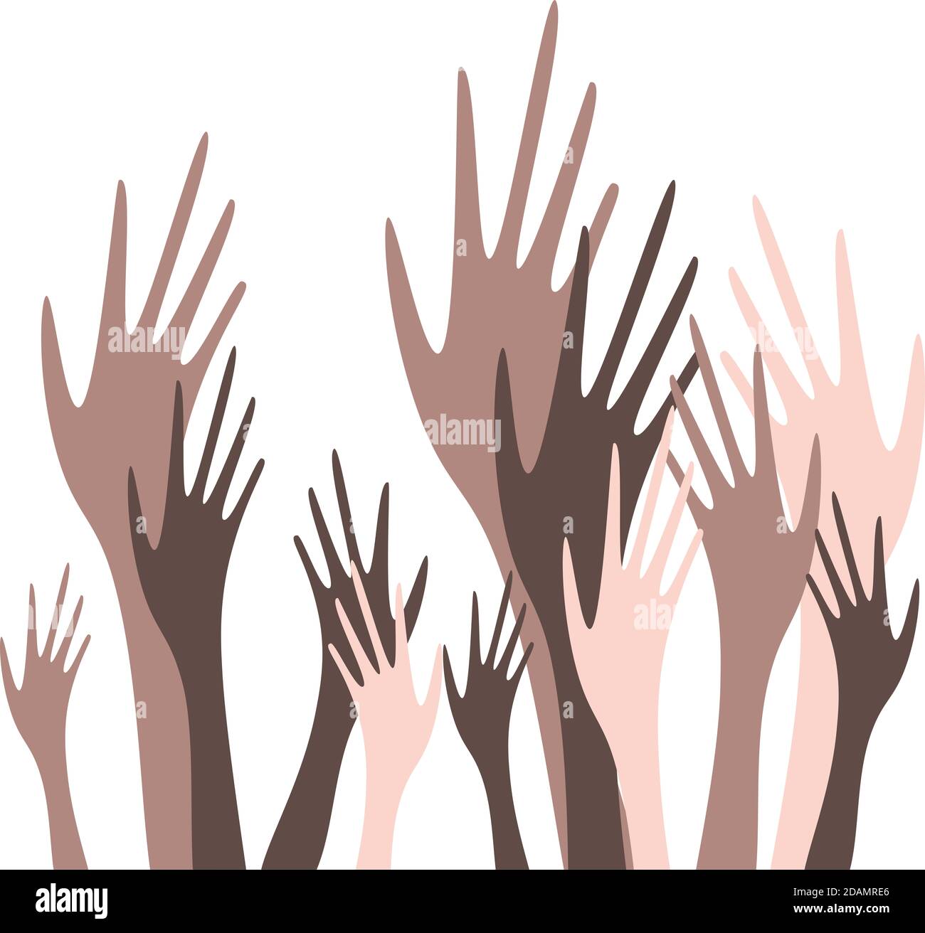 Universelle Designvorlage für Nachrichtenflyer, Ankündigungen zum Thema Abstimmung und Antirassismus. Hände mit unterschiedlichen Hauttönen werden angehoben. Stockfoto