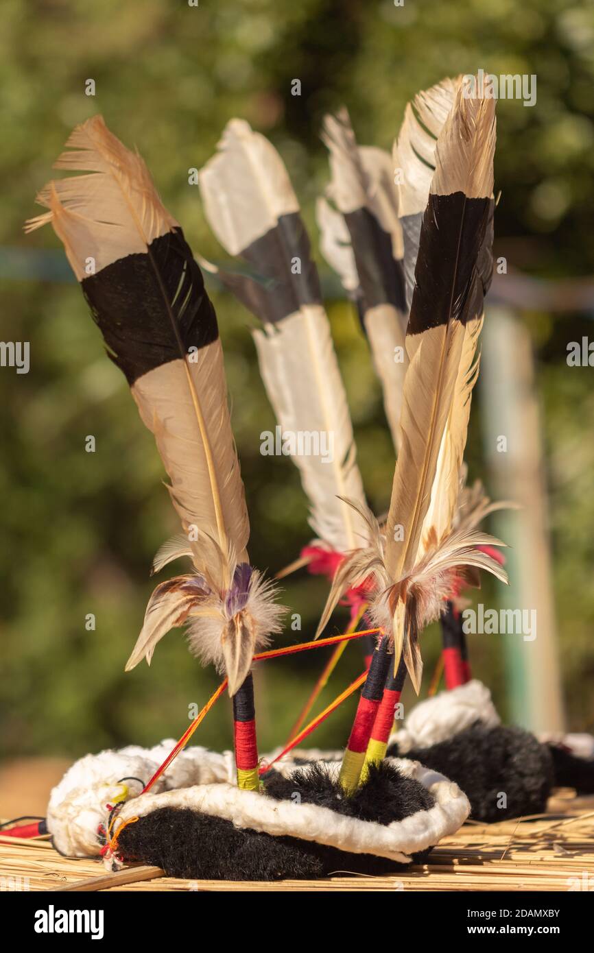 Traditionelle Naga Kopfbedeckung aus Hornbill Federn Stockfoto