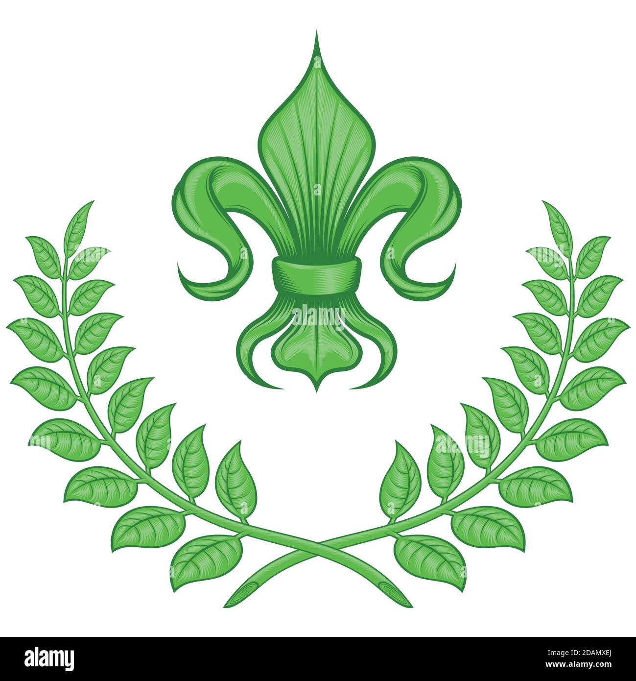 Vektor-Design von Fleur de Lis mit Lorbeerkranz, Symbol in der mittelalterlichen Heraldik verwendet. Alles auf weißem Hintergrund. Stock Vektor