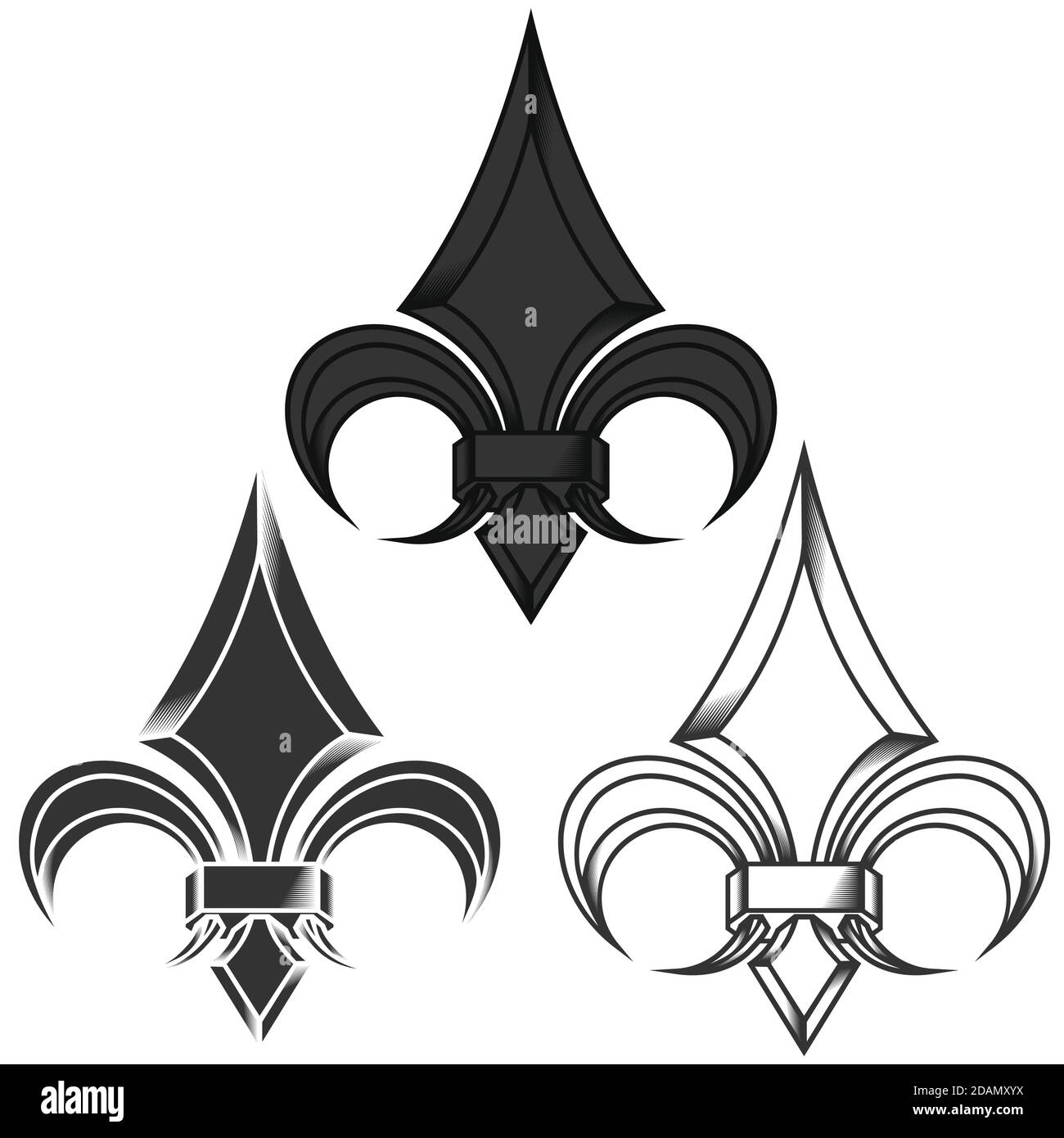 Vektor-Design von Fleur de Lis im metallischen Stil in drei verschiedenen Stilen, Darstellung der Lilienblume, Symbol in der mittelalterlichen Heraldik verwendet. Alle ein Stock Vektor