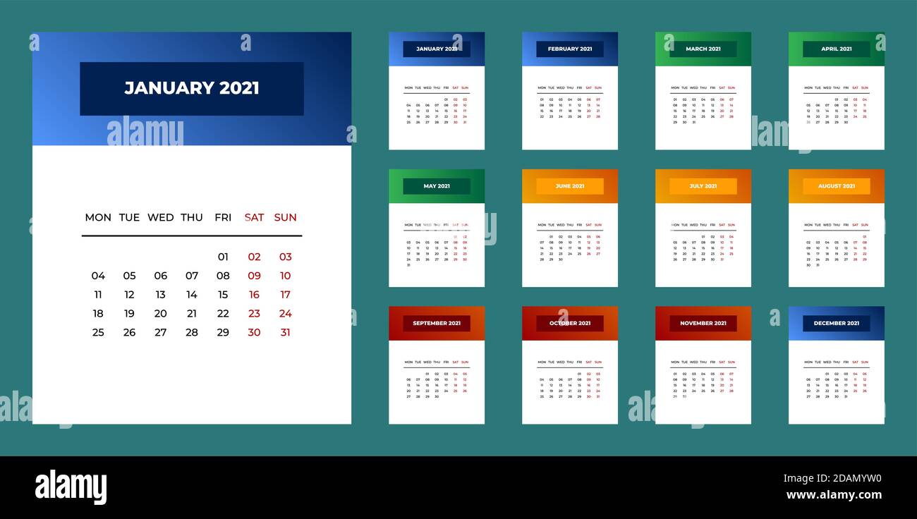 Kalender 2021 Template Planer Vektor-Kalender für das neue Jahr in sauberen Minimal-Tabelle einfachen Stil. Holiday Event Planner, Woche beginnt Montag.12 Monat jährlich Stock Vektor