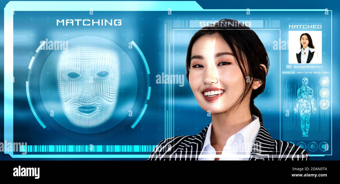 Gesichtserkennung Technologie scannen und erkennen Menschen Gesicht zur Identifizierung . Future Concept Interface zeigt digitales biometrisches Sicherheitssystem das Stockfoto