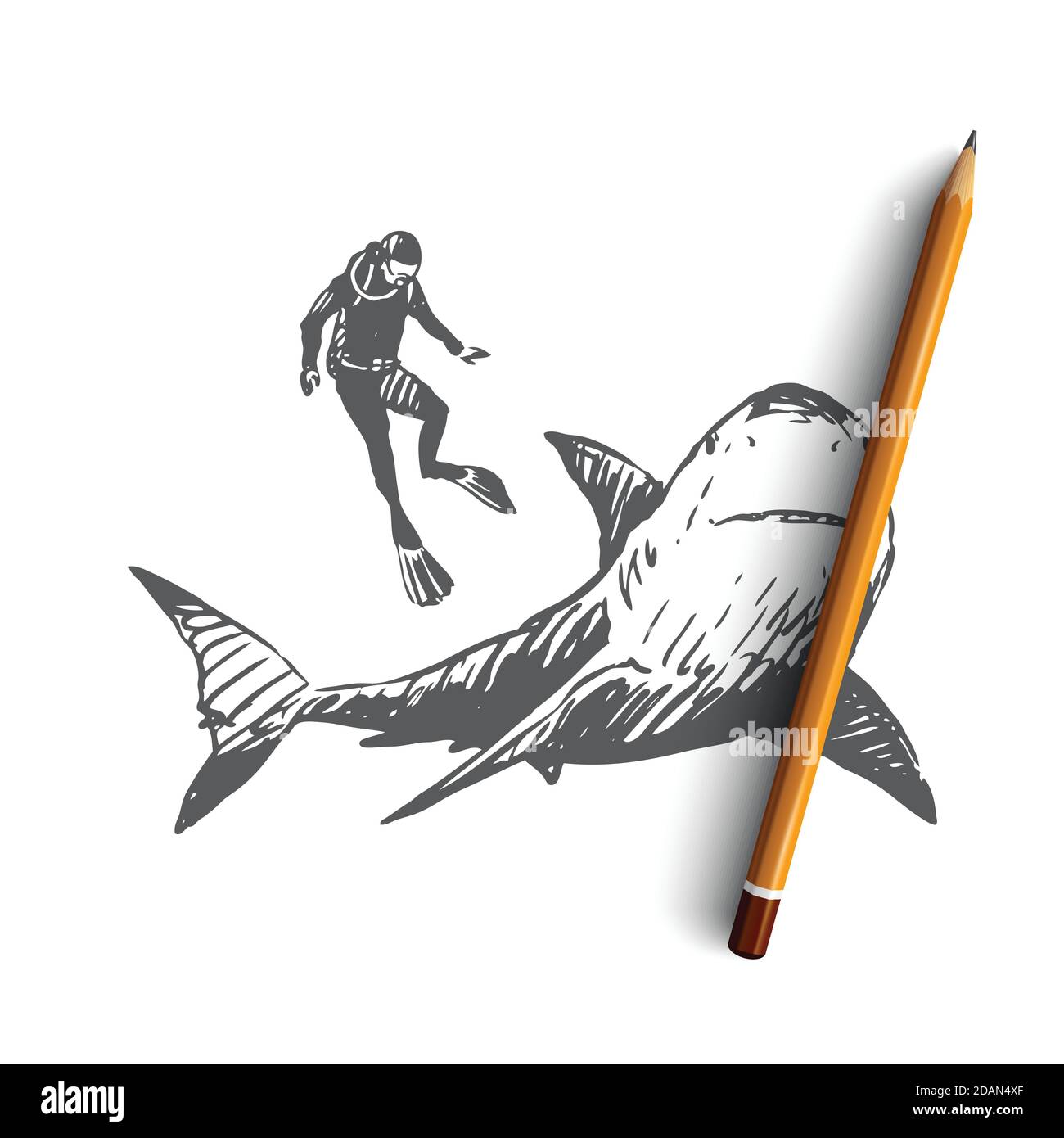 Meer, Fauna, Hai, Schwimmen, Unterwasser, Meereskonzept. Von Hand gezeichneter isolierter Vektor. Stock Vektor