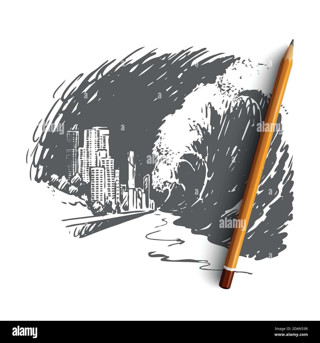 Tsunami, Gefahr, Welle, Katastrophe, Meer, Erdbeben Konzept. Von Hand gezeichneter isolierter Vektor. Stock Vektor