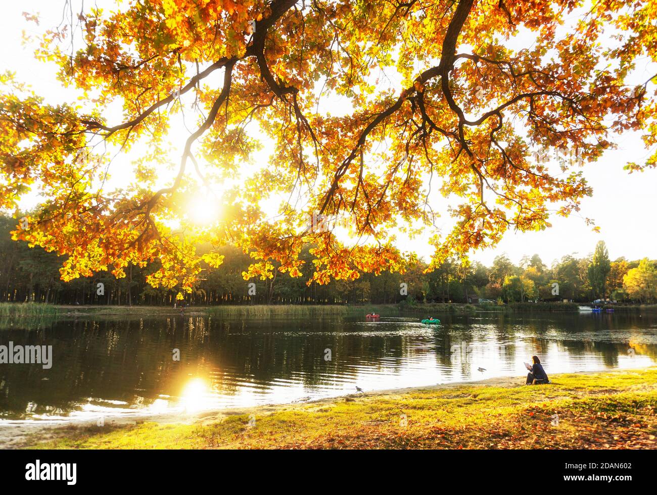 Herbstlandschaft. Wochenend-Aktivität auf dem See im Park. Stockfoto