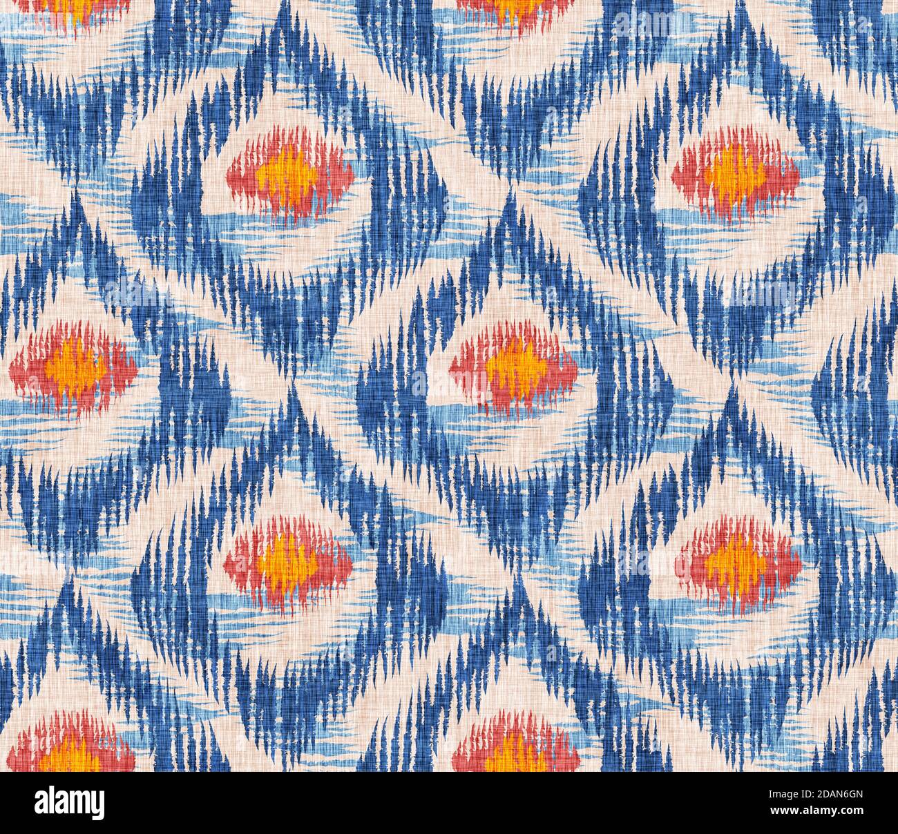 Nahtloses Vintage-Muster im IKAT-Stil. Retro ikat blaues Muster mit Pfauenfedern. Stockfoto