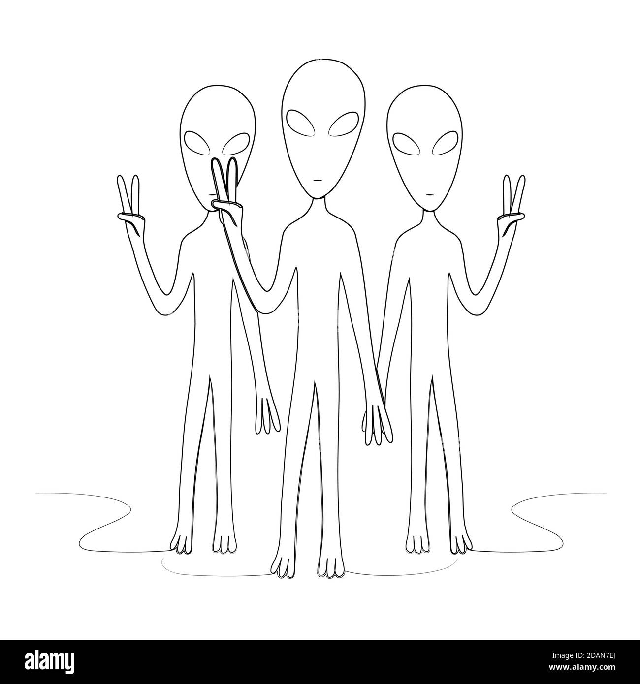 Eine Gruppe von Aliens zeigt ein Friedenszeichen. Isolierte Vektorgrafik für Rohware. Stock Vektor